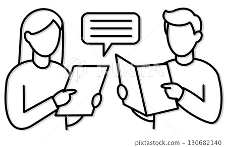 Icon illustration of a man and woman consulting while checking documents 130682140