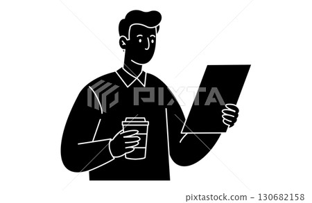 Icon illustration of a man reading a document with a cup in hand 130682158