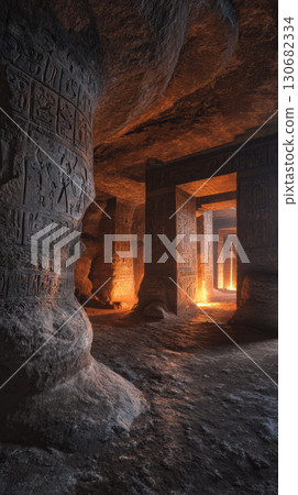 Ancient cave with hieroglyphs, torchlight, stone pillar, mysterious atmosphere Ancient cave with hieroglyphs, torchlight, stone pillar, mysterious atmosphere 130682334