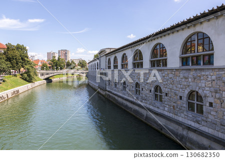 Ljubljana, Slovenia - August 15, 2019: View of the embankment of the Ljubljana River in Ljubljana 130682350