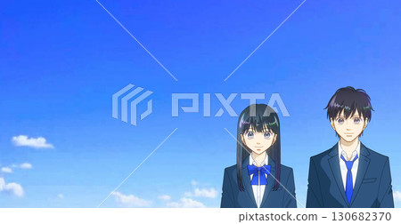An expansive blue sky, anime-style illustration of high school or junior high school boys and girls, blank space on the left 130682370