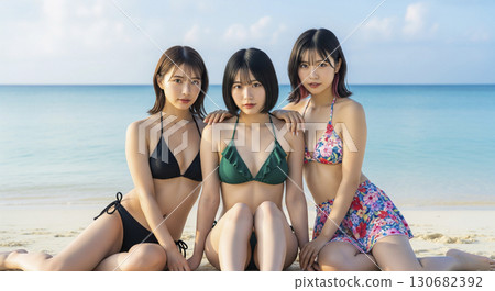 Three women in bikinis playing in the beautiful sea Three women in bikinis playing in the beautiful sea 130682392