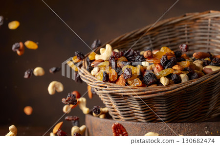 Mix of various nuts and raisins on a brown background. Mix of various nuts and raisins on a brown background. 130682474