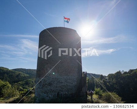 Esch-sur-Sure, Wiltz, Grand-Duche de Luxembourg, September 07, 2025, A Historic Tower Featuring a Esch-sur-Sure, Wiltz, Grand-Duche de Luxembourg, September 07, 2025, A Historic Tower Featuring a 130682534