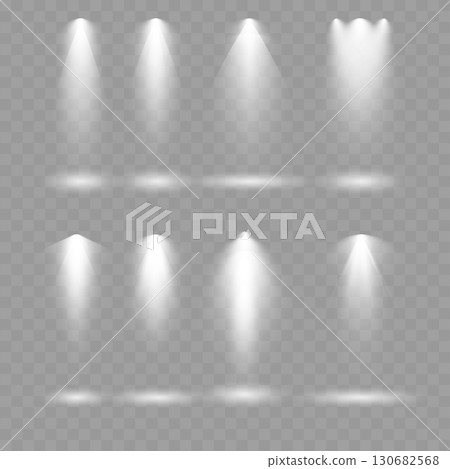 Set of realistic spotlight light effects on transparent background. Vector 130682568