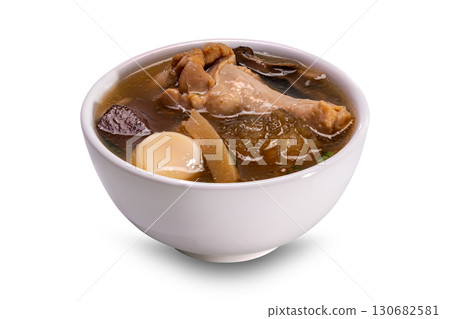 Fish maw soup in white ceramic bowl isolated on white background. 130682581