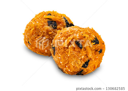 Delicious homemade shredded chicken cakes or chicken floss cakes isolated on white background. Delicious homemade shredded chicken cakes or chicken floss cakes isolated on white background. 130682585