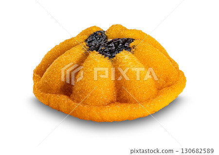 Single homemade thai egg cake or castella cake isolated on white background. Single homemade thai egg cake or castella cake isolated on white background. 130682589