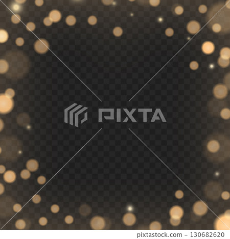 Abstract festive golden bokeh lights frame on transparent background. Vector. 130682620
