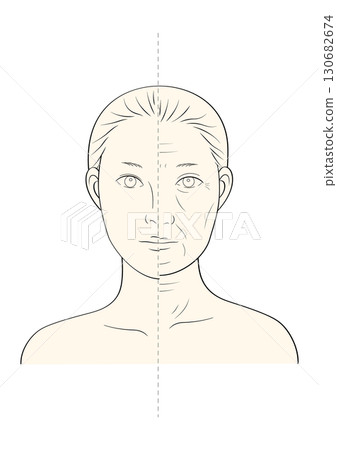 年輕婦女與老年婦女面部比較半臉簡單彩色線條畫插圖 130682674