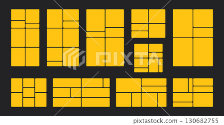 Yellow bento grid vector templates with rounded corners. Color collage layouts for photos, social media, or web design projects. 130682755