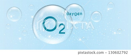Illustration of an oxygen molecule symbolized by O2 surrounded by bubbles, depicted on a light blue, abstract patterned background. Ideal for scientific, educational, or conceptual uses. 130682792