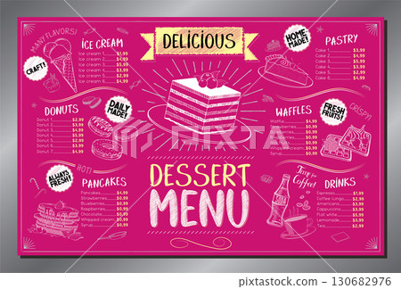 Classic, pink dessert menu card - tabloid format - vector illustration 130682976