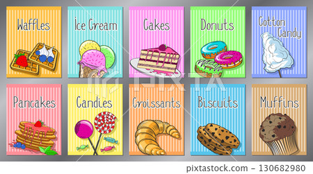 Dessert food posters with colorful backgrounds - vector illustration Dessert food posters with colorful backgrounds - vector illustration 130682980