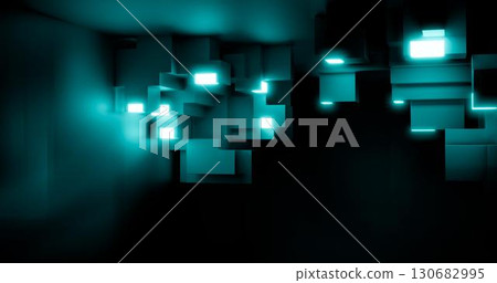 3d rendering. Abstract background. Modern geometric cubes with neon elements in a dark room. Minimalistic design for poster, cover, branding, banner, poster. 3d rendering. Abstract background. Modern geometric cubes with neon elements in a dark room. Minimalistic design for poster, cover, branding, banner, poster. 130682995