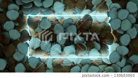 3d rendering. A neon frame in a blue glow against the background of open seashells of sea malus and pearls. Summer night theme. Graphic illustration. 130683003