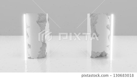3d rendering. White pieces of stone wall with broken textured edges in neon white lighting, rubble stone slabs for product display background. 130683018