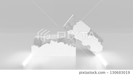 3d rendering. White pieces of stone wall with broken textured edges in neon white lighting, rubble stone slabs for product display background. 130683019