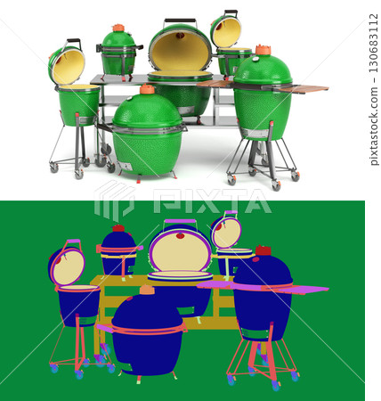 Set of barbecue green color BBQ grill with open lid for outdoor prepare meat food 3d illustration on white with alpha Set of barbecue green color BBQ grill with open lid for outdoor prepare meat food 3d illustration on white with alpha 130683112