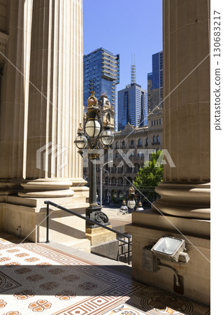 Melbourne, Australia - December 29,2023 : View of Parliament House for the state of Victoria in Melbourne, Australia on December 29,2023. Melbourne, Australia - December 29,2023 : View of Parliament House for the state of Victoria in Melbourne, Australia on December 29,2023. 130683217