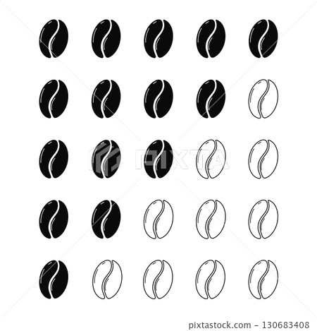 Set Coffee bean intensity roast level, strength light medium or dark scale. Set minimal indicator, coffee beans frying. Different brew. Set Coffee bean intensity roast level, strength light medium or dark scale. Set minimal indicator, coffee beans frying. Different brew. 130683408