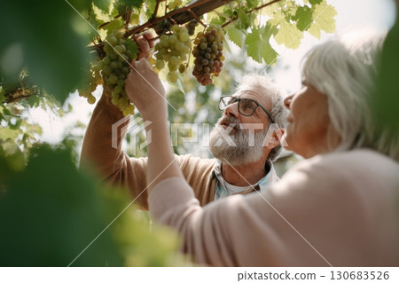Senior couple picking grapes together in vineyard, enjoying a sunny day outdoors surrounded by green leaves and ripe grape clusters Senior couple picking grapes together in vineyard, enjoying a sunny day outdoors surrounded by green leaves and ripe grape clusters 130683526