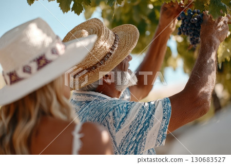 Man in straw hat harvesting dark grapes from vine on sunny day, with woman standing beside him in vineyard surrounded by green leaves and blue sky Man in straw hat harvesting dark grapes from vine on sunny day, with woman standing beside him in vineyard surrounded by green leaves and blue sky 130683527