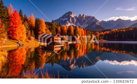 Snow-capped mountains bathed in the morning glow and deciduous trees with autumn leaves Snow-capped mountains bathed in the morning glow and deciduous trees with autumn leaves 130683672