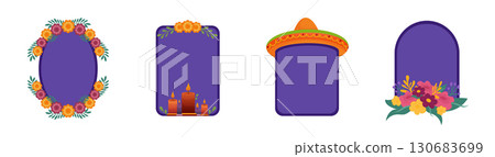 Set of four Mexican-themed blank frame with floral, candle, and sombrero decorations. flat style 130683699