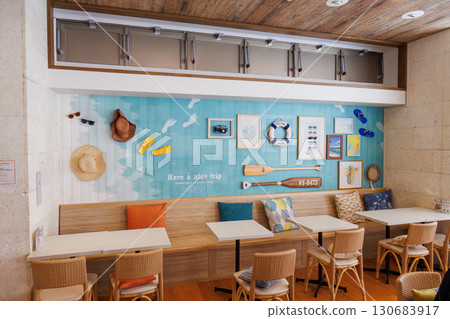 Beach-themed cafe interior. Resort hotel near the port. Naha Tomari Port, Naha City, Okinawa Prefecture - June 26, 2025 130683917