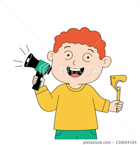 Cartoon Boy with Megaphone and Toy Tool 130684195