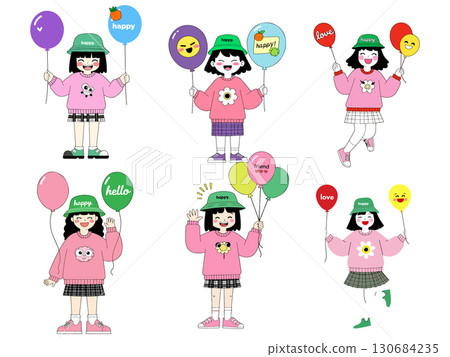 Cartoon Girls with Balloons 130684235
