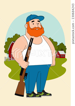 Cartoon Hunter with Rifle on Farm 130684243