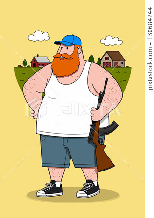 Cartoon Hunter with Rifle on Farm Cartoon Hunter with Rifle on Farm 130684244