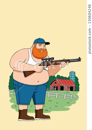 Cartoon Hunter with Rifle on Farm Cartoon Hunter with Rifle on Farm 130684246