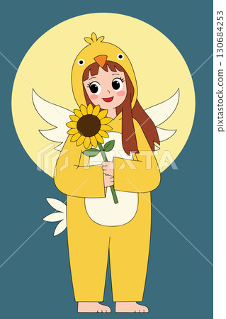 Girl in Chick Costume Holding Sunflower 130684253