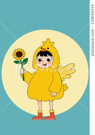 Girl in Chick Costume Holding Sunflower 130684254