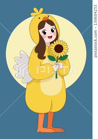 Girl in Chick Costume Holding Sunflower 130684255