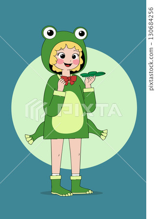 Girl in Frog Costume Holding a Leaf 130684256