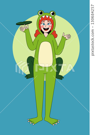 Girl in Frog Costume Holding a Leaf 130684257