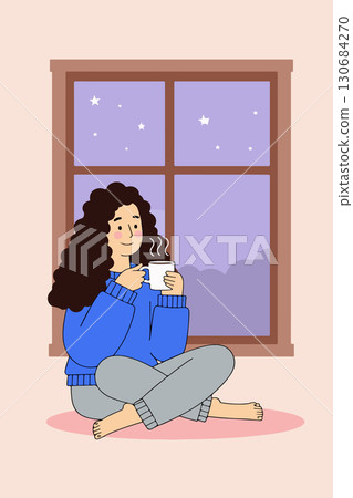 Woman enjoying coffee by the window at night Woman enjoying coffee by the window at night 130684270