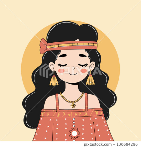 Cartoon Woman with Traditional Clothing 130684286