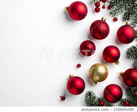 Christmas ornaments lined up on a white background Simple red and gold decorations Christmas ornaments lined up on a white background Simple red and gold decorations 130684290