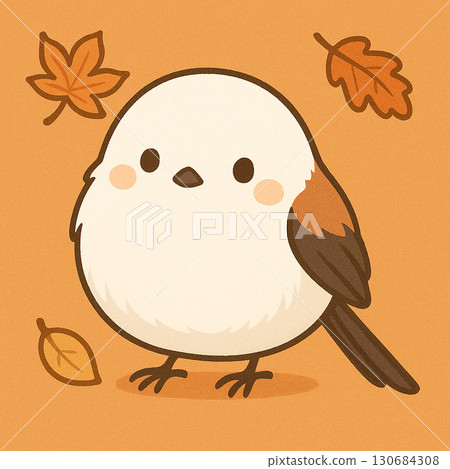 [秋長尾山雀] 一隻可愛的小鳥站在秋葉中間的插圖（橘色背景） 130684308