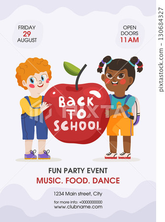 Back to school template vector poster background. Two kids hold on apple. Invitation flyer for a school party Back to school template vector poster background. Two kids hold on apple. Invitation flyer for a school party 130684327