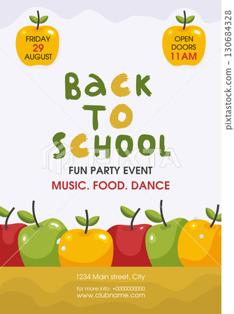 Back to school template vector poster background. Red, green, yellow apples on a white. Invitation flyer for a school party Back to school template vector poster background. Red, green, yellow apples on a white. Invitation flyer for a school party 130684328