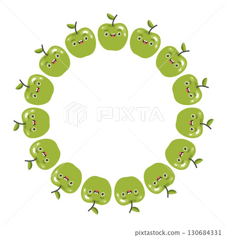 Wreath of cheerful green apple characters with a smiling face, good for postcards, invitations and products for children Wreath of cheerful green apple characters with a smiling face, good for postcards, invitations and products for children 130684331