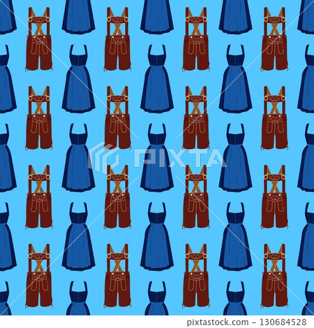 Seamless pattern of traditional Bavarian lederhosen and dirndl outfits on blue background for Oktoberfest and folk festival themes 130684528