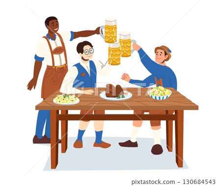 Group of men celebrating Oktoberfest with beer and traditional Bavarian food at wooden table in festive attire Group of men celebrating Oktoberfest with beer and traditional Bavarian food at wooden table in festive attire 130684543