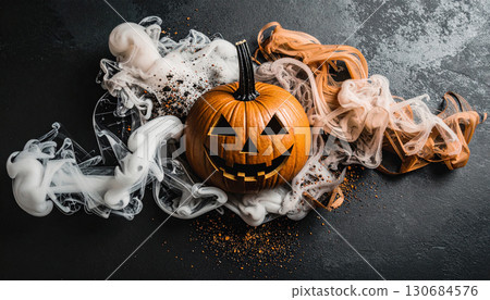 Abstract Halloween Smoke Forming Pumpkin Shape. Hallowen Concept. Generated Image 130684576